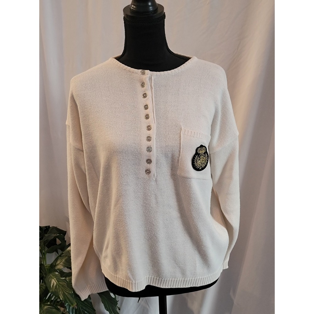 Chaus Vintage Henley Sweater Cream Knit Crest Patch Wool Blend Womens Medium